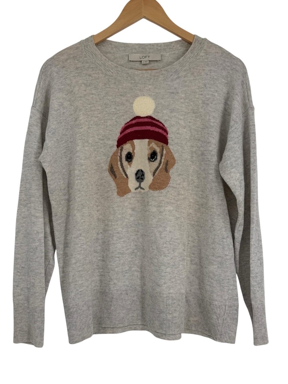 Loft Wool Blend Pullover Sweater Womens Sz S Gray Beagle Dog Lightweight